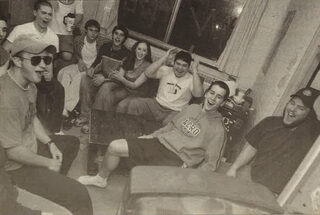 Students watch the NCAA championship game from a dorm room in Sadler Residence Hall on Monday, April 7, 2003. 