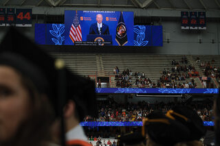 President Joe Biden surprises the class of 2023 with a virtual speech to congratulate the students on their success. Biden is an alum of SU’s School of Law.  